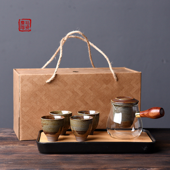 Set portabil de ceai Kung Fu din ceramică, cu tavă de ceai din bambus, stil japonez retro pentru uz casnic, pentru 4 persoane