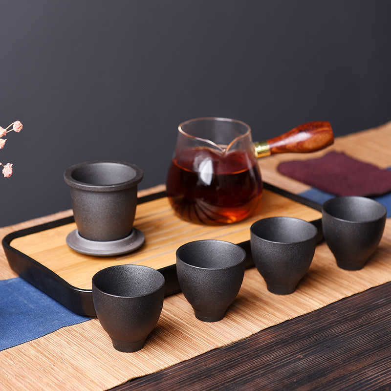 Set portabil de ceai Kung Fu din ceramică, cu tavă de ceai din bambus, stil japonez retro pentru uz casnic, pentru 4 persoane