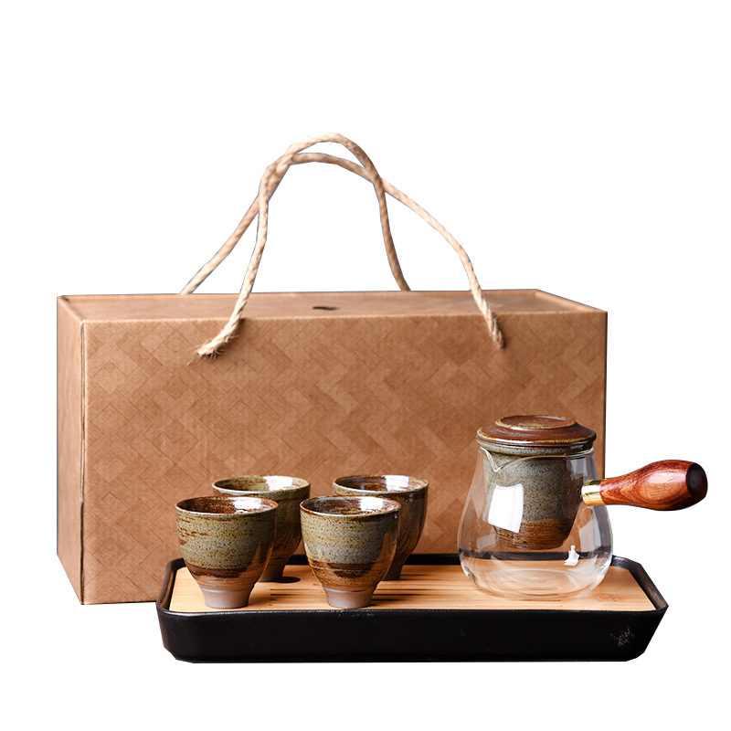 Set portabil de ceai Kung Fu din ceramică, cu tavă de ceai din bambus, stil japonez retro pentru uz casnic, pentru 4 persoane