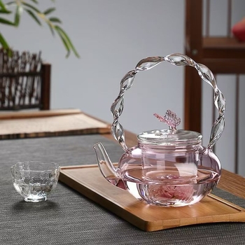 Ceainic roz cu motív de fluture și flori, din sticlă rezistentă la căldură, lucrat manual, set de ceai pentru casă, cu mâner de ridicare, compatibil cu plita electrică din ceramică