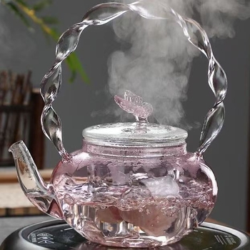 Ceainic roz cu motív de fluture și flori, din sticlă rezistentă la căldură, lucrat manual, set de ceai pentru casă, cu mâner de ridicare, compatibil cu plita electrică din ceramică