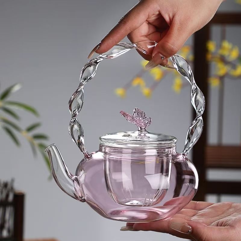 Ceainic roz cu motív de fluture și flori, din sticlă rezistentă la căldură, lucrat manual, set de ceai pentru casă, cu mâner de ridicare, compatibil cu plita electrică din ceramică