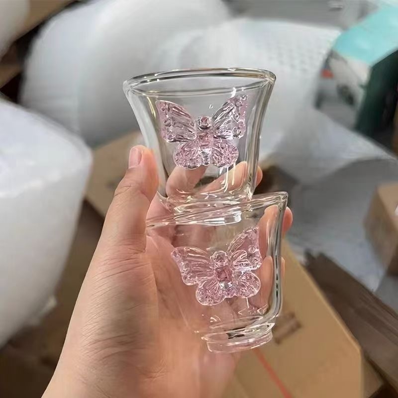 Ceainic roz cu motív de fluture și flori, din sticlă rezistentă la căldură, lucrat manual, set de ceai pentru casă, cu mâner de ridicare, compatibil cu plita electrică din ceramică
