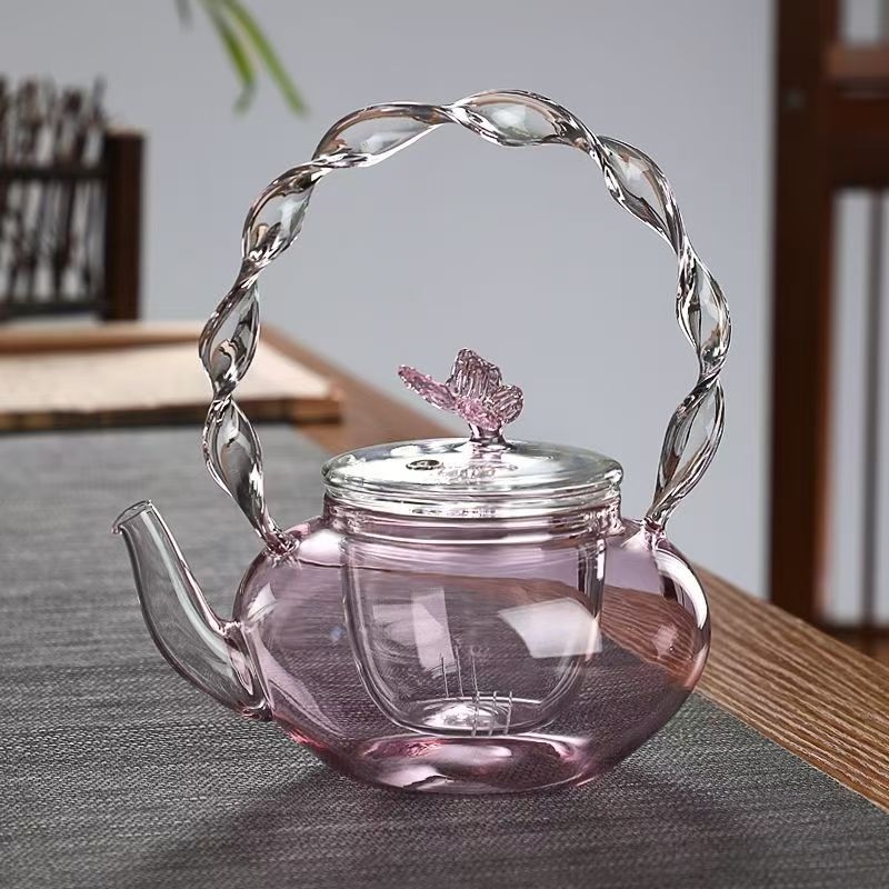 Ceainic roz cu motív de fluture și flori, din sticlă rezistentă la căldură, lucrat manual, set de ceai pentru casă, cu mâner de ridicare, compatibil cu plita electrică din ceramică