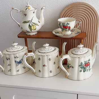 Set de ceai ceramic cu model floral: ceainic, cești cu farfurioare, cană de apă și fierbător de apă — stil britanic retro, lux ușor pentru ceaiul de după-amiază