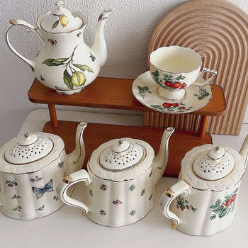 Set de ceai ceramic cu model floral: ceainic, cești cu farfurioare, cană de apă și fierbător de apă — stil britanic retro, lux ușor pentru ceaiul de după-amiază