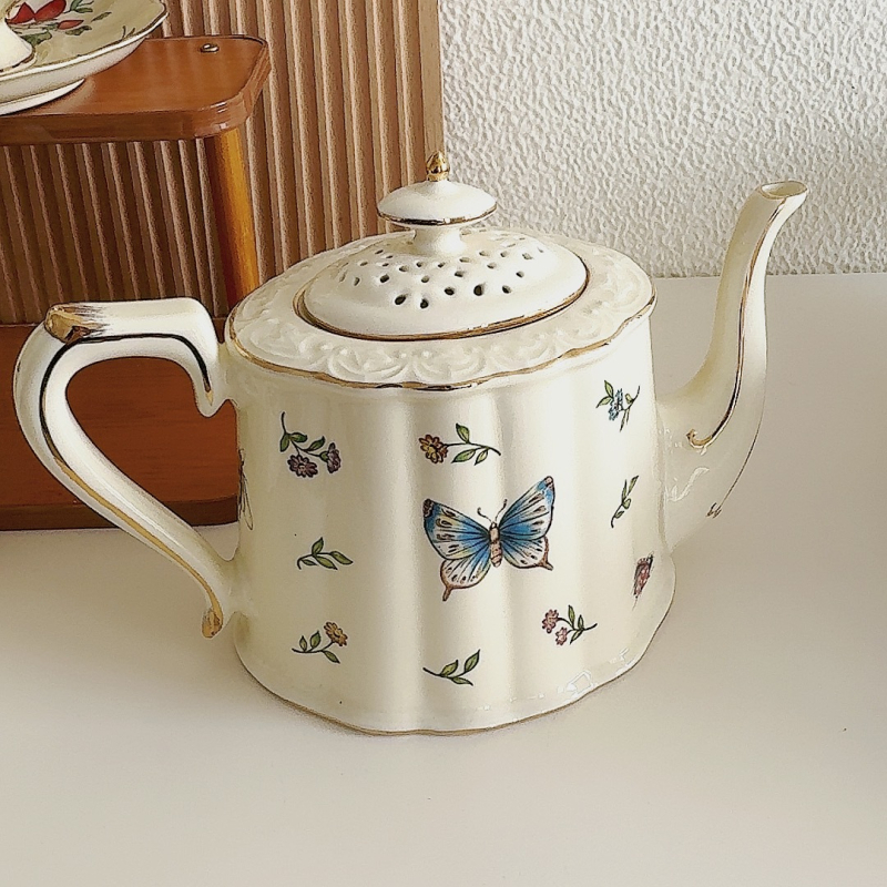 Set de ceai ceramic cu model floral: ceainic, cești cu farfurioare, cană de apă și fierbător de apă — stil britanic retro, lux ușor pentru ceaiul de după-amiază
