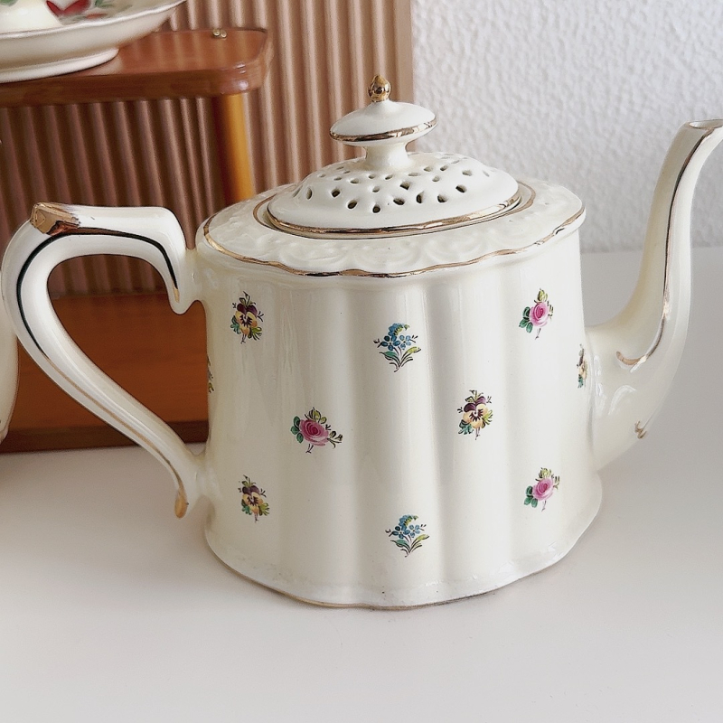 Set de ceai ceramic cu model floral: ceainic, cești cu farfurioare, cană de apă și fierbător de apă — stil britanic retro, lux ușor pentru ceaiul de după-amiază