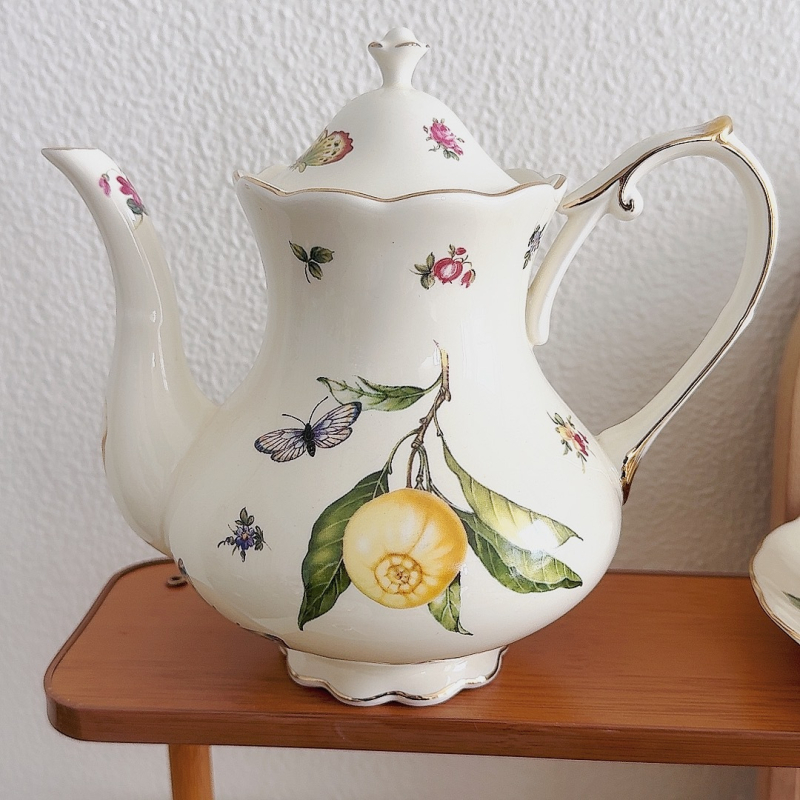 Set de ceai ceramic cu model floral: ceainic, cești cu farfurioare, cană de apă și fierbător de apă — stil britanic retro, lux ușor pentru ceaiul de după-amiază