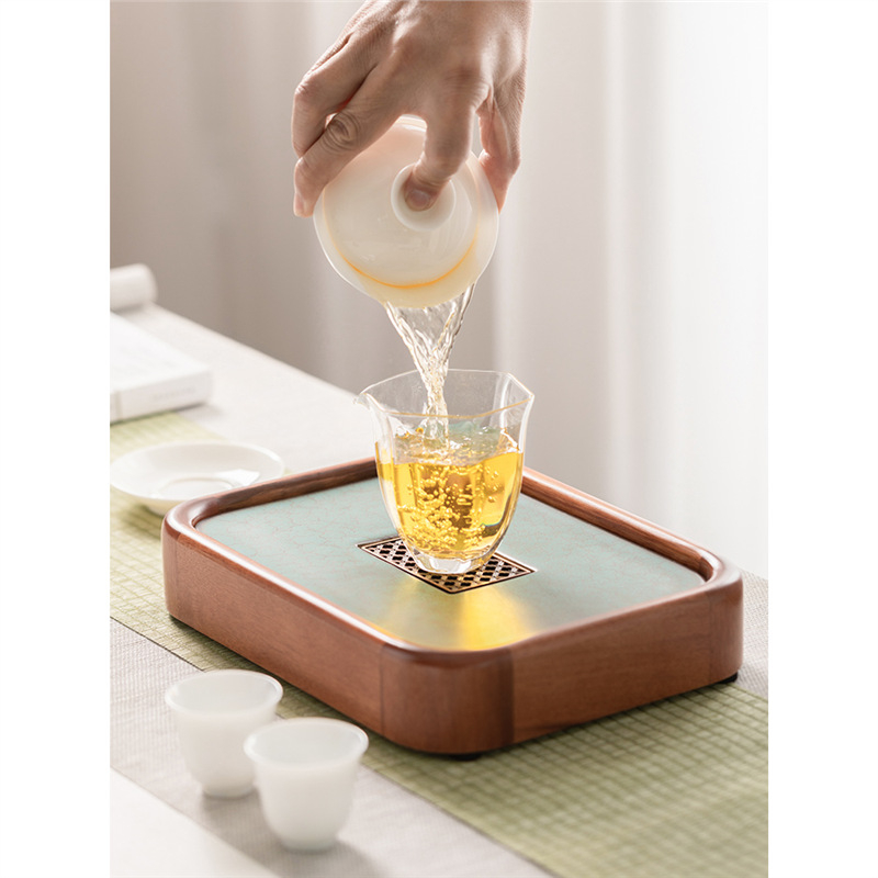Tavă pentru ceai din lemn cu rezervor de apă, stil japonez, tavă compactă pentru infuzare uscată și set de ceai – design retro lux