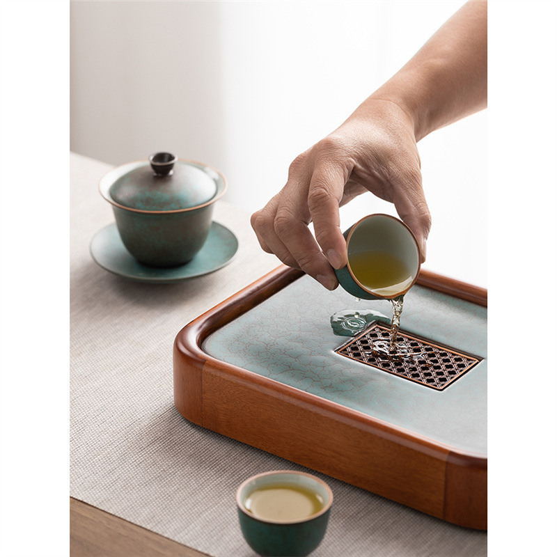 Tavă pentru ceai din lemn cu rezervor de apă, stil japonez, tavă compactă pentru infuzare uscată și set de ceai – design retro lux