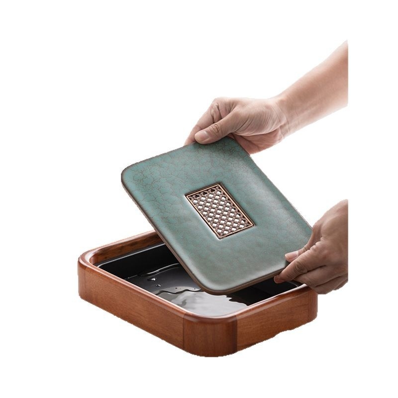 Tavă pentru ceai din lemn cu rezervor de apă, stil japonez, tavă compactă pentru infuzare uscată și set de ceai – design retro lux