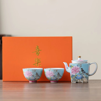 Set Gongfu de ceai din ceramică emailată, cu păsări și flori, cutie cadou