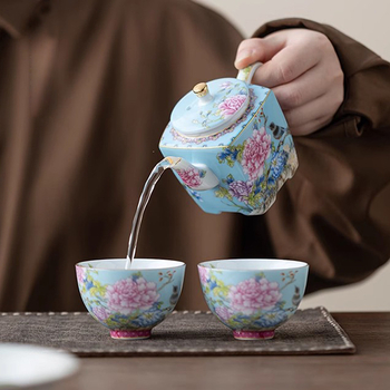 Set Gongfu de ceai din ceramică emailată, cu păsări și flori, cutie cadou