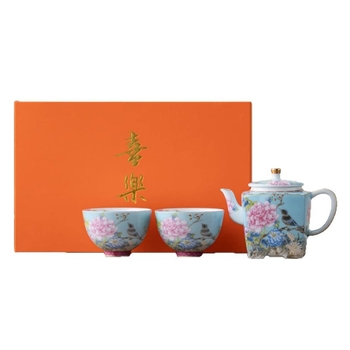 Set Gongfu de ceai din ceramică emailată, cu păsări și flori, cutie cadou