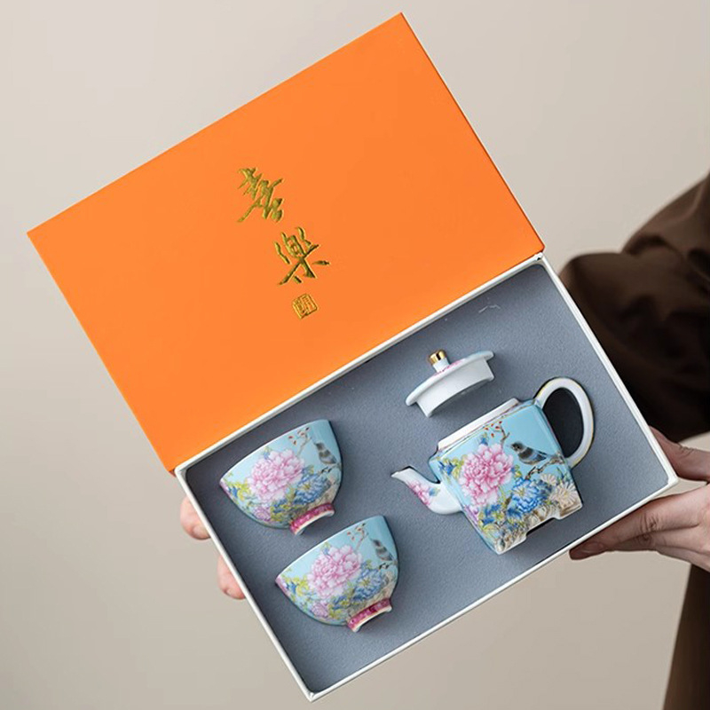 Set Gongfu de ceai din ceramică emailată, cu păsări și flori, cutie cadou