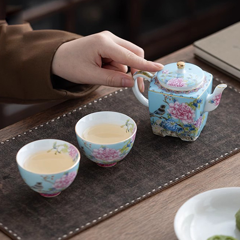 Set Gongfu de ceai din ceramică emailată, cu păsări și flori, cutie cadou