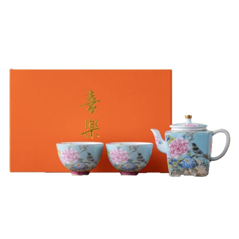 Set Gongfu de ceai din ceramică emailată, cu păsări și flori, cutie cadou