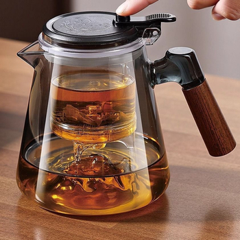Ceainic din sticla cu insert din lemn de nuc, design elegant, model nou, filtrare ceai și separare apă cu un singur click – set de ceai pentru uz casnic