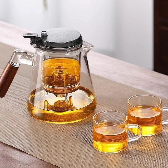 Ceainic din sticla cu insert din lemn de nuc, design elegant, model nou, filtrare ceai și separare apă cu un singur click – set de ceai pentru uz casnic