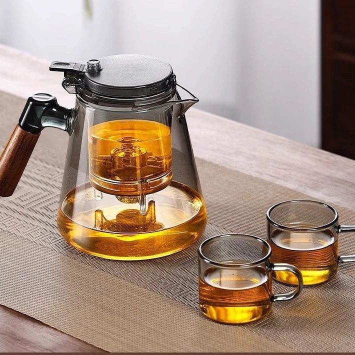 Ceainic din sticla cu insert din lemn de nuc, design elegant, model nou, filtrare ceai și separare apă cu un singur click – set de ceai pentru uz casnic