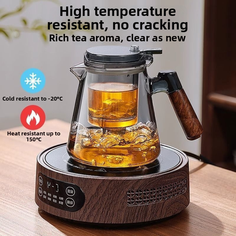 Sklenený čajník s vnútornou vložkou z orechového dreva, elegantný dizajn, nový model, filtrácia čaju a oddelenie čaju a vody jedným stlačením – domáci čajový set