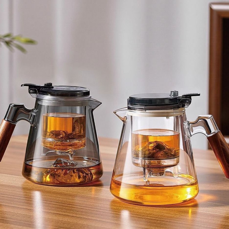 Ceainic din sticla cu insert din lemn de nuc, design elegant, model nou, filtrare ceai și separare apă cu un singur click – set de ceai pentru uz casnic