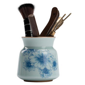 Set ceramic pentru ceremonia ceaiului cu șase domni, decor albastru-alb pictat manual, stil Zen vintage, include cuțitul pentru ceai și perie de întreținere a ceainicului, mic