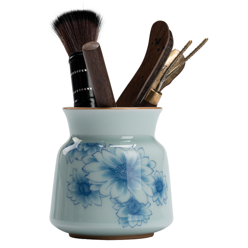 Set ceramic pentru ceremonia ceaiului cu șase domni, decor albastru-alb pictat manual, stil Zen vintage, include cuțitul pentru ceai și perie de întreținere a ceainicului, mic