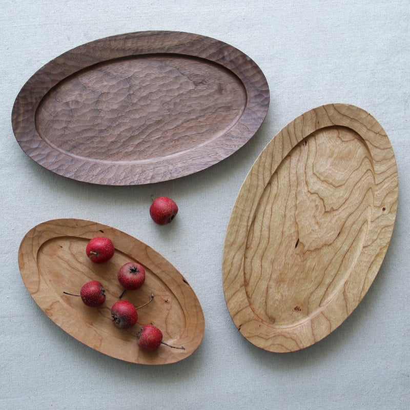 Rainwood Tava de ceai din lemn de cireș, realizare manuală japoneză — lemn masiv, sculptură manuală, formă ovală