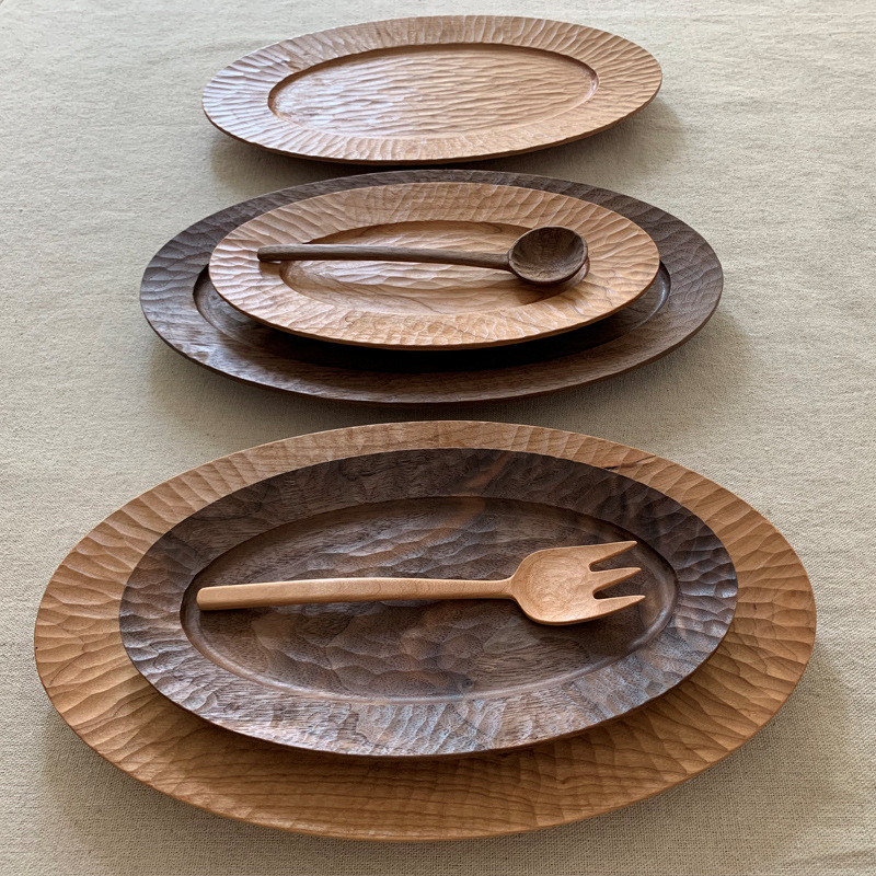 Rainwood Tava de ceai din lemn de cireș, realizare manuală japoneză — lemn masiv, sculptură manuală, formă ovală