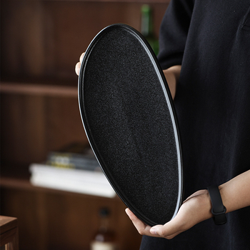 Tavă ceramică pentru ceai și fructe în stil neo-chinezesc, cadru din oțel negru, finisaj glazurat, ceramică rezistentă la temperaturi înalte, design retro.