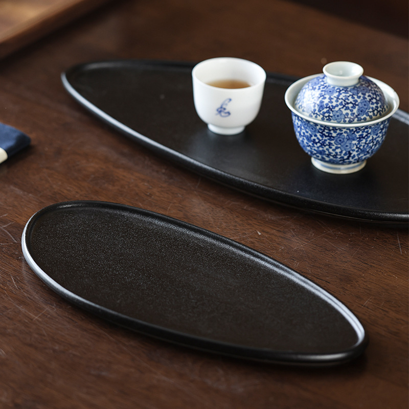 Tavă ceramică pentru ceai și fructe în stil neo-chinezesc, cadru din oțel negru, finisaj glazurat, ceramică rezistentă la temperaturi înalte, design retro.