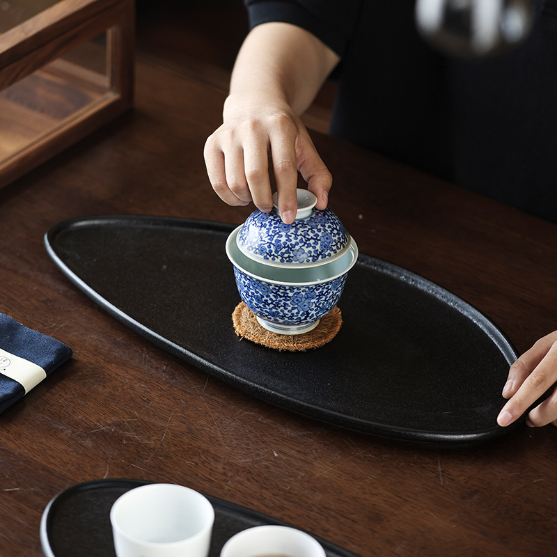 Tavă ceramică pentru ceai și fructe în stil neo-chinezesc, cadru din oțel negru, finisaj glazurat, ceramică rezistentă la temperaturi înalte, design retro.