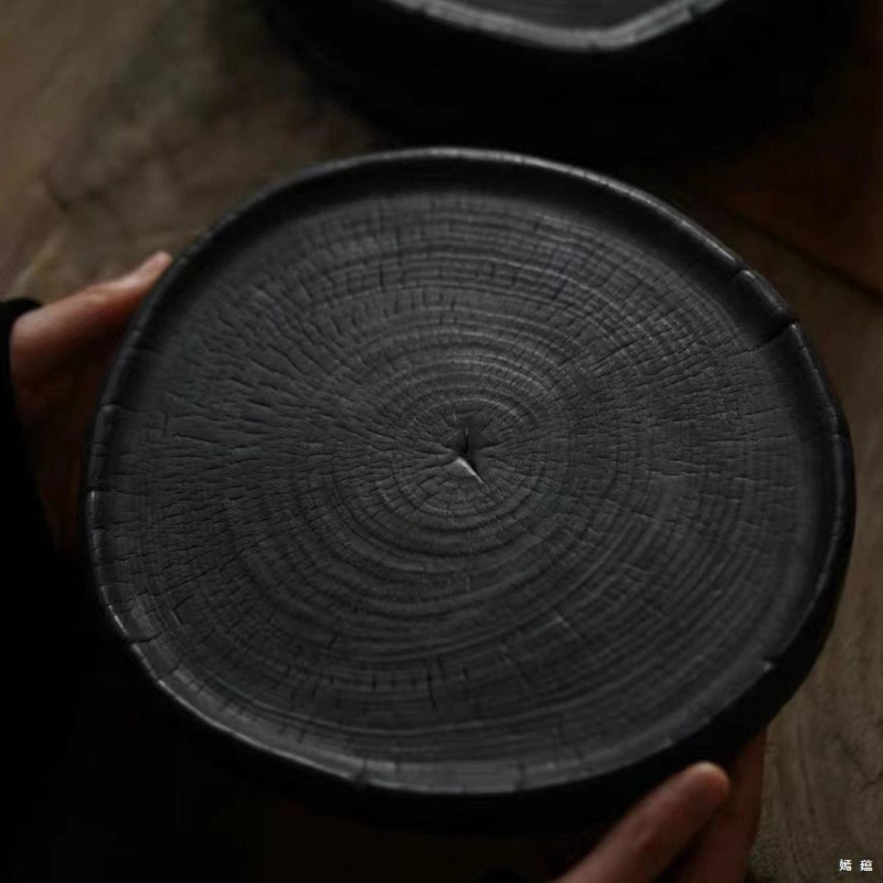 Suport pentru ceainic din lemn de camfor carbonizat, tavă pentru ceai uscat, bază, recuzită fotografică, stil japonez retro wabi-sabi