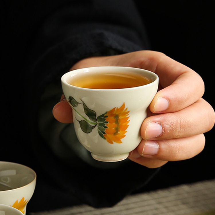 Clay Man Verde măr – cană de ceai pictată manual în formă de dovleac cu margarete, set Gongfu ceramic, mică ceașcă de ceai