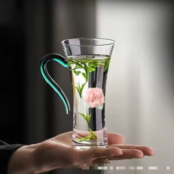 Pahar din sticlă rezistent la temperaturi înalte, cu mâner, pentru uz casnic, ceai verde, apă și lapte, design modern minimalist