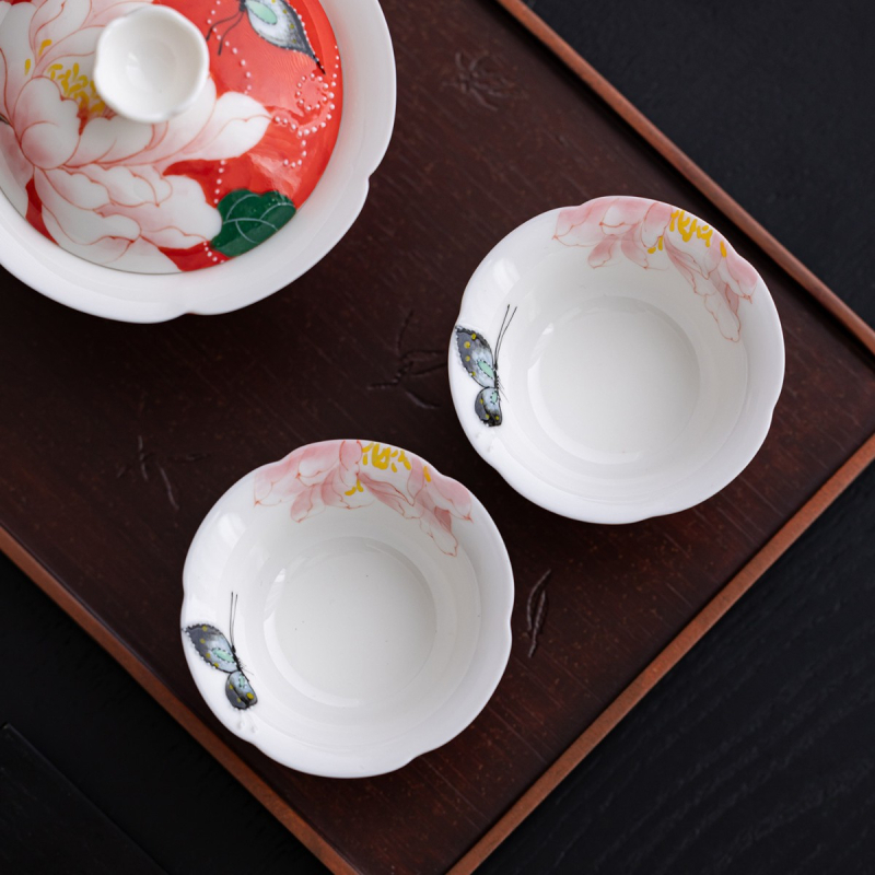Cească de ceai înaltă, glazură roșie, motiv fluture-flori, pictură manuală, stil chinezesc pentru degustarea ceaiului