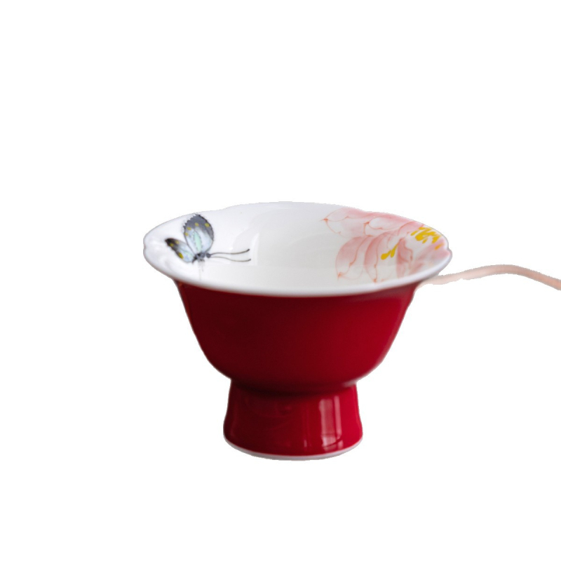 Cească de ceai înaltă, glazură roșie, motiv fluture-flori, pictură manuală, stil chinezesc pentru degustarea ceaiului