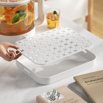Tavă japoneză pentru cești și ceai, cu două niveluri și scurgere, dreptunghiulară din plastic, antiderapantă și organizator de depozitare