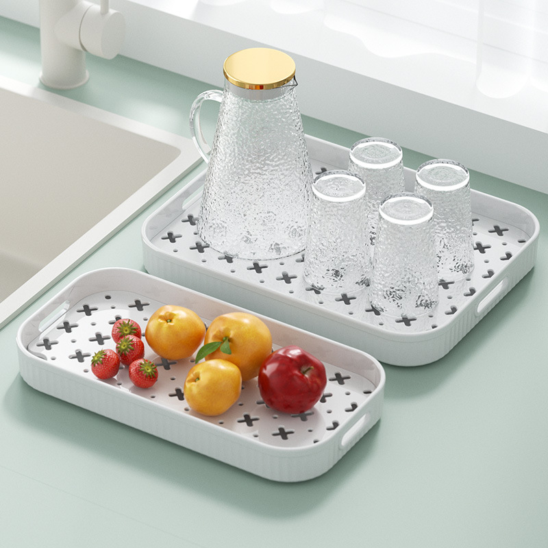 Tavă japoneză pentru cești și ceai, cu două niveluri și scurgere, dreptunghiulară din plastic, antiderapantă și organizator de depozitare