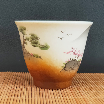 Ceașcă de ceai din porțelan alb, pictură manuală cu peisaj, ilustrație japoneză, ceașcă ceramic Gongfu, mică ceașcă de ceai vintage.