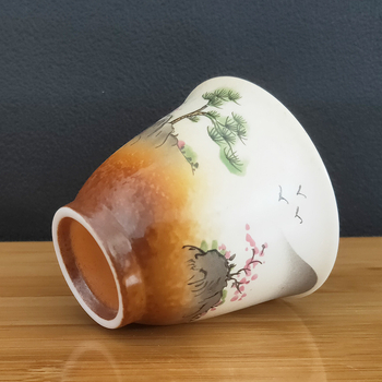 Ceașcă de ceai din porțelan alb, pictură manuală cu peisaj, ilustrație japoneză, ceașcă ceramic Gongfu, mică ceașcă de ceai vintage.