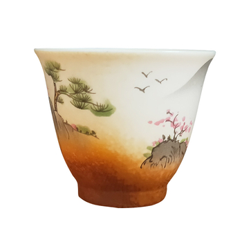 Ceașcă de ceai din porțelan alb, pictură manuală cu peisaj, ilustrație japoneză, ceașcă ceramic Gongfu, mică ceașcă de ceai vintage.