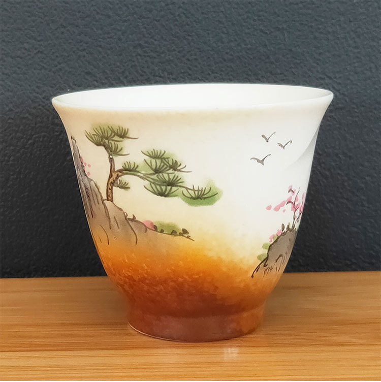 Ceașcă de ceai din porțelan alb, pictură manuală cu peisaj, ilustrație japoneză, ceașcă ceramic Gongfu, mică ceașcă de ceai vintage.