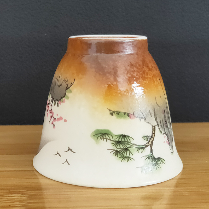 Ceașcă de ceai din porțelan alb, pictură manuală cu peisaj, ilustrație japoneză, ceașcă ceramic Gongfu, mică ceașcă de ceai vintage.