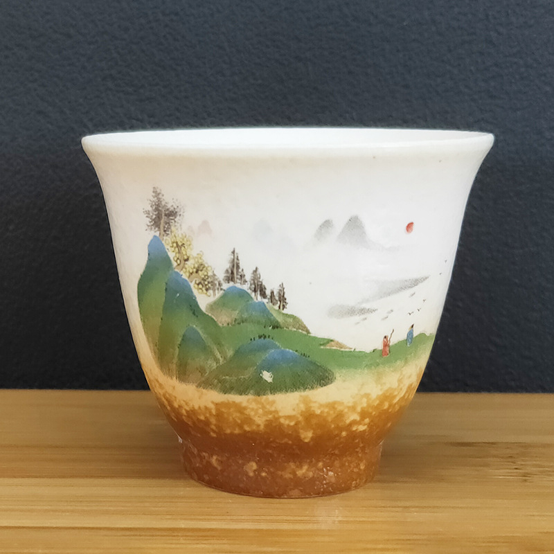Ceașcă de ceai din porțelan alb, pictură manuală cu peisaj, ilustrație japoneză, ceașcă ceramic Gongfu, mică ceașcă de ceai vintage.