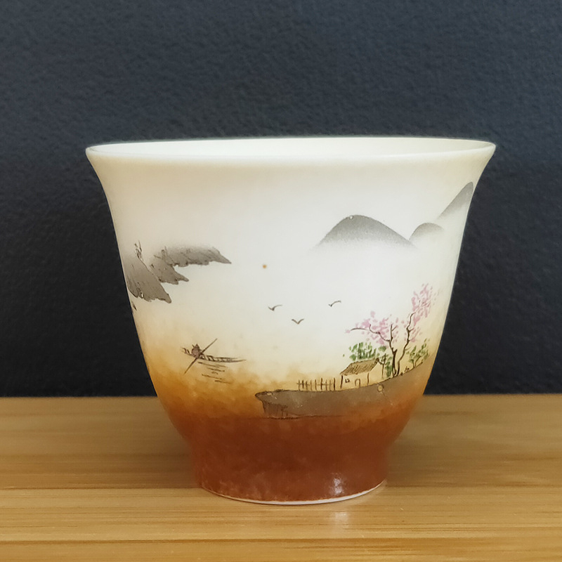 Ceașcă de ceai din porțelan alb, pictură manuală cu peisaj, ilustrație japoneză, ceașcă ceramic Gongfu, mică ceașcă de ceai vintage.