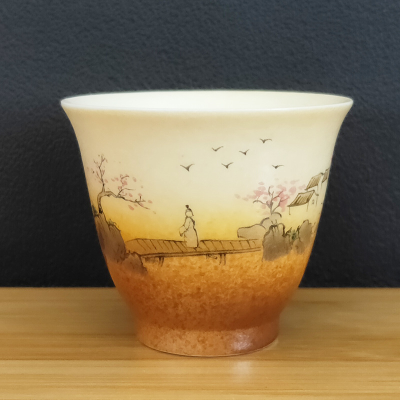 Ceașcă de ceai din porțelan alb, pictură manuală cu peisaj, ilustrație japoneză, ceașcă ceramic Gongfu, mică ceașcă de ceai vintage.