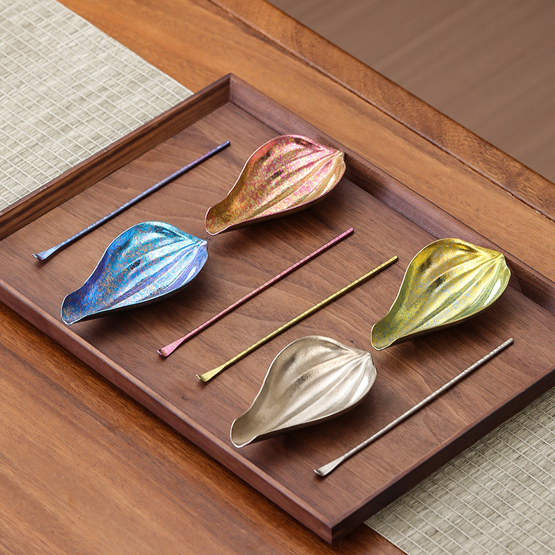 Set de ceai din titan pur pentru ceremonia Kung Fu, cu accesorii de ceai în stil cristale de gheață – pompă de ceai, linguriță de ceai, ac de ceai